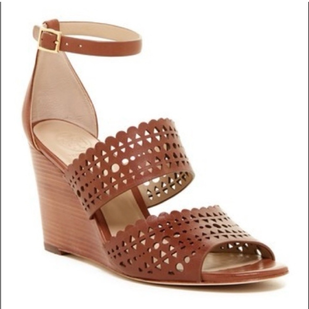Tory Burch Perforated Brown Laser-Cut Leather Wood Wedge Sandals Size 9